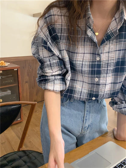 vmtvr Women Blouse Female Shirt Summer Womens Blouses Spring Blusas Casual Elegant Vintage Long Sleeve Cotton Oversize Loose Plaid