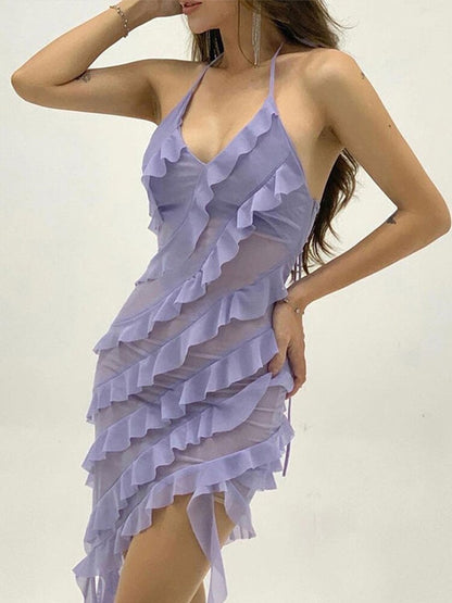 Y2k Sexy See Through Mesh Ruffles Halter Mini Dress Women Slim V-neck Irregular Tiered Dresses Summer Ladies Backless Dress