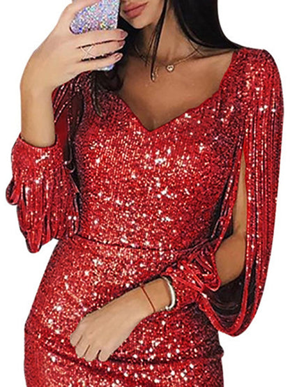 Sexy Women's Party Solid Dresses Sequined Stitching Shining Club Bodycon Long Sleeved Mini Dress Women Casual Fashion Vestidos