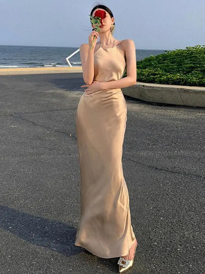 vmtvr Champagne Halter Pleated Backless Long Dress Summer New Elegant Fashion Evening Party Ladies Vintage Dresses Female Clothes