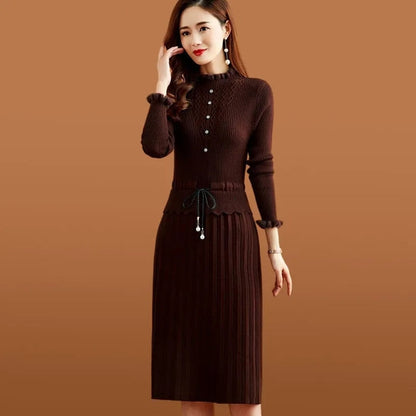 vmtvr - Fake Two Pieces Pleated Knitted Dress Women Vintage Ruffle Long Sleeve Bottoming Sweater Dresses Fall Casual Slim Midi Vestidos