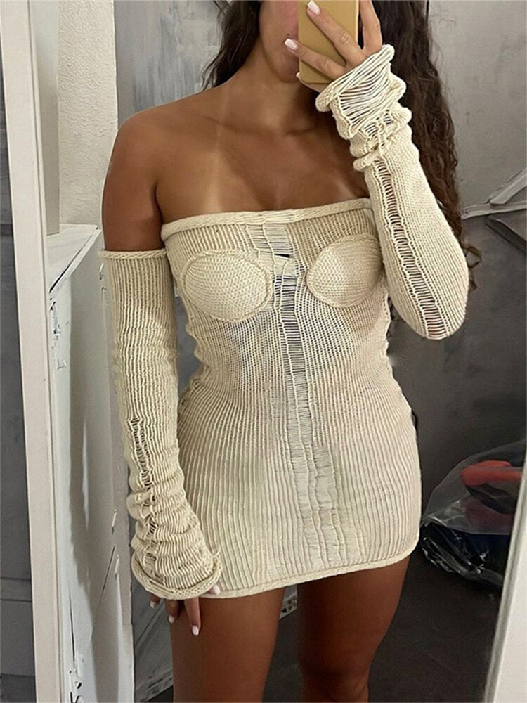 Off Shoulder Wrapped Chest Long Sleeve Dresses Female Skinny Casual Streetwear Vestidos Women's Knitted Solid Mini Dress