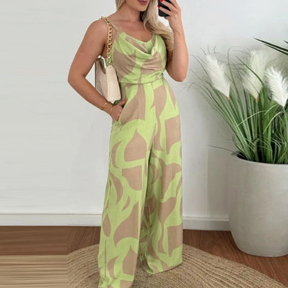 vmtvr Elegant Temperament Printed Long Pants Jumpsuit Women's Casual Pocket High Waist Romper New Summer Fashion V-Neck Slim Playsuits