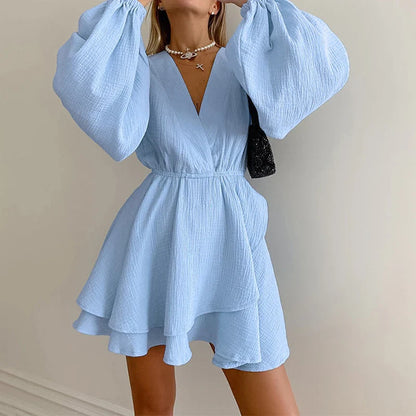 vmtvr Elegant V-neck Hight Waist A-Line Dress Spring Women Casual Lantern Long Sleeve Solid Mini Dress Fall Fashion Draped Party Dress