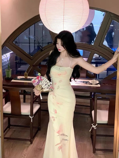 Sexy Backless Bodycon Printed Mesh Long Dresses for Women 2024 Summer New Korean Elegant Fashion Evening Party Female Clothing