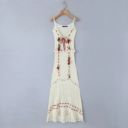 vmtvr Summer Holiday Robe Hand Made Crochet 3D Cherry Knitting Sling Dress Women Spliced Wood ears Bow Waist Midi Long Robe