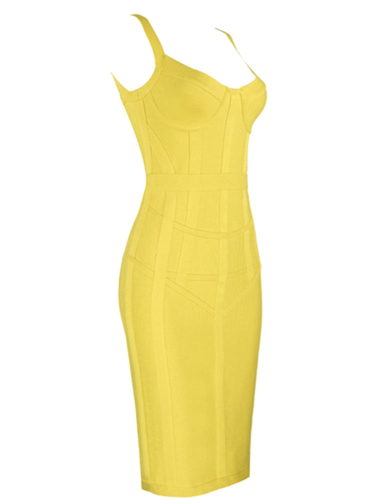 Sexy Sleeveless V Neck Yellow Midi Women Bodycon Bandage Dress  Designer Fashion Evening Party Dress Vestido