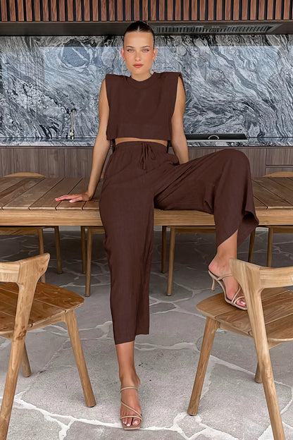 vmtvr Women's Cotton Linen Pants Set Summer Women's Loose Shoulder Pads Side Slit Sleeveless Top Casual Pleated Wide Leg Pants Suit