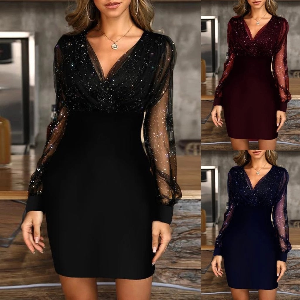 Sexy Bag Hip Midi Casual Dress Women Black Retro Gazue Sequins Long Sleeved Female Dress Party Culb Elegant Dresses for Women