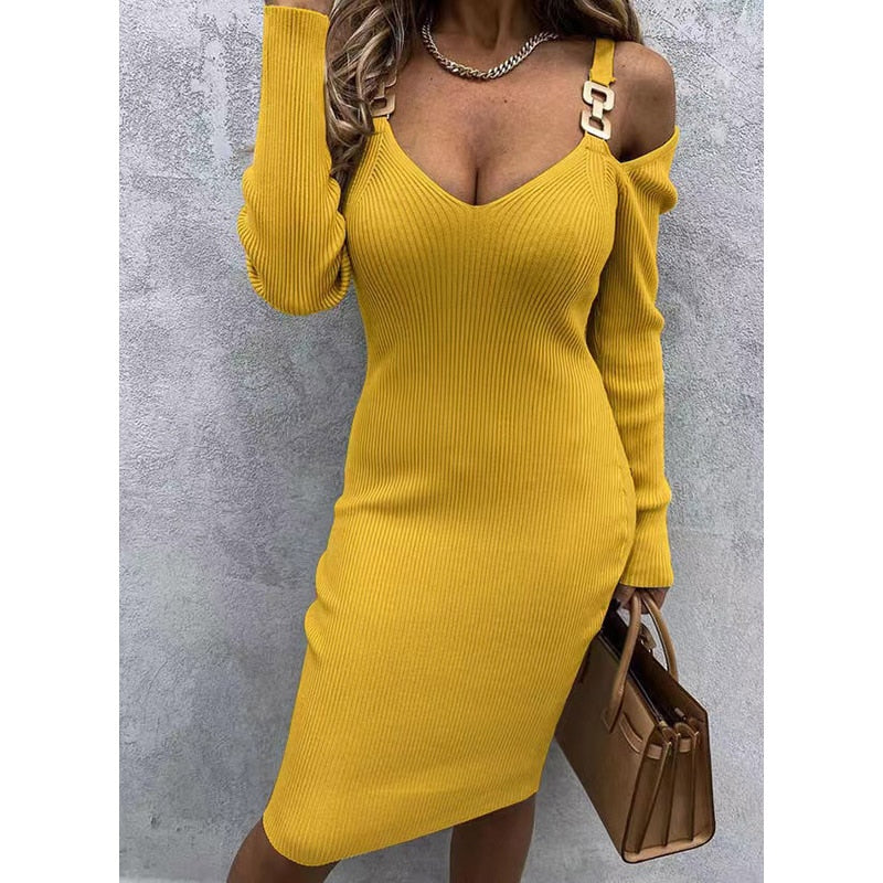 vmtvr - Autumn Winter Women&#39;s Casual Solid Color Long-sleeved Knitted Bodycon Dress V Neck Off Shoulder Sexy&amp;Club Elegant New Dress