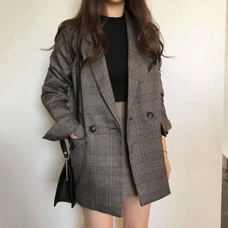 vmtvr Plaid Double Breasted Pockets Formal Jackets Checkered Winter Spring Women's Blazers Outerwear Tops