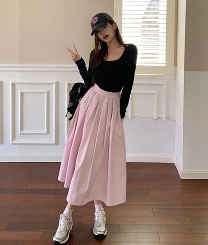 vmtvr Elegant Women Pockets Pleated Skirts For Ladies 2024 Spring Summer A-Line Loose Casual High Waist Midi Skirt SK25