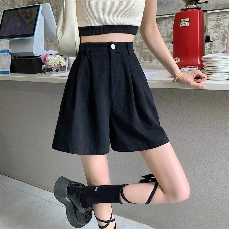 vmtvr Y2K Women High Waist White Shorts Korean Fashion Pleated Wide Leg Pants Summer Casual All Match Female Preppy Style Pants New