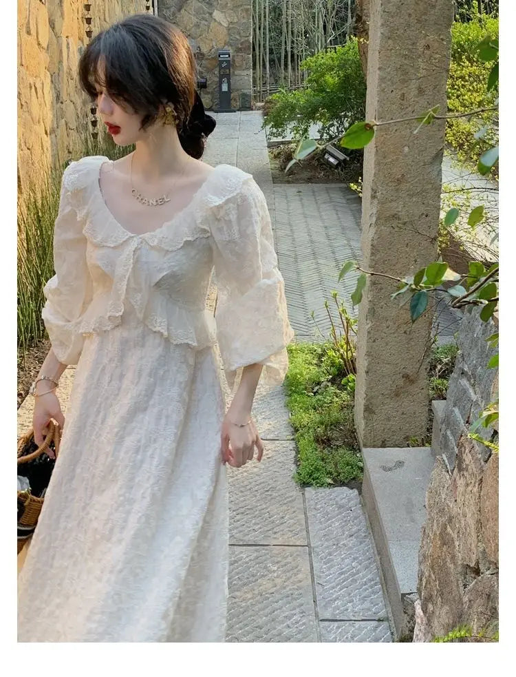 vmtvr Elegant Vintage Lace Fairy Dress Women Autumn Sweet Rufffle Long Sleeve Party Dress Female Casual Korean Embroidery Dresses