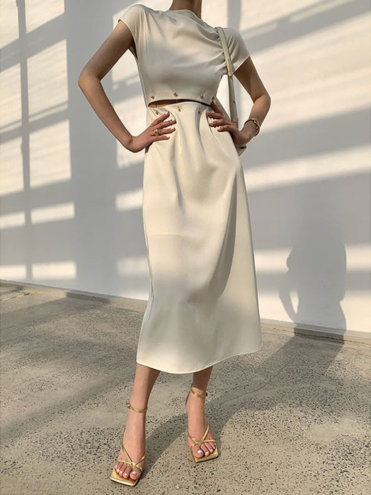 vmtvr - Elegant White Long Dress Female Round Neck Short Sleeve High Waist Cut Out Midi Dresses For Woman Clothing Fashion