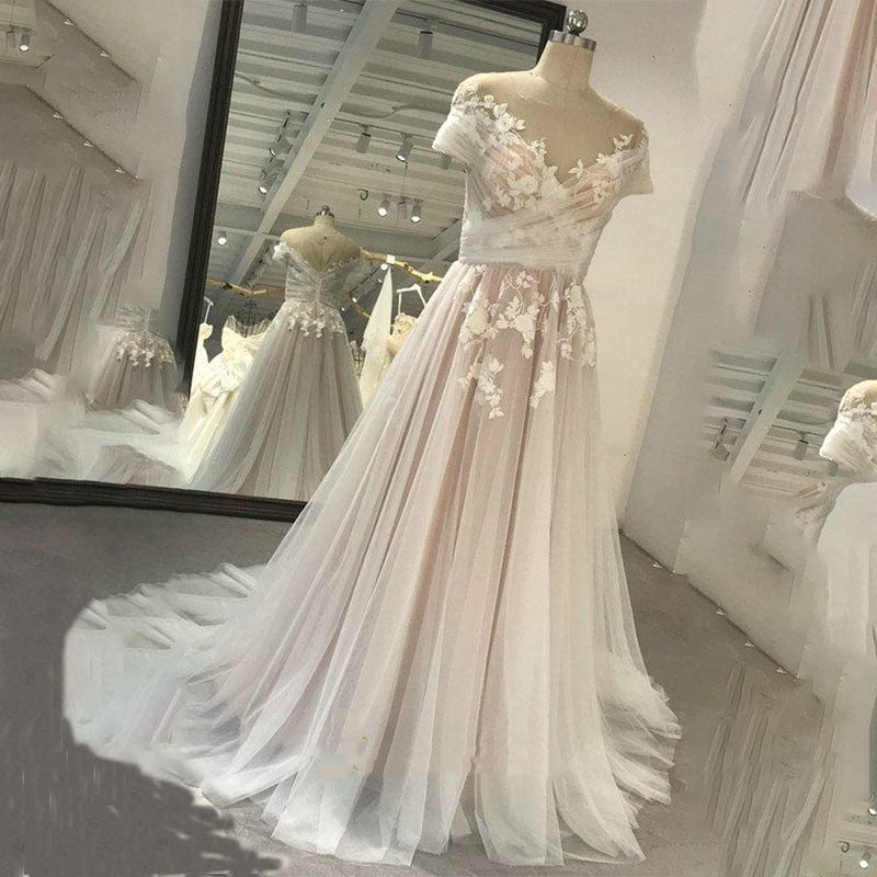 vmtvr - Elegant Long A Line Champagne Wedding Dresses Applique Organza Scoop Neck Short Sleeves Cut Off Open Back Custom Made