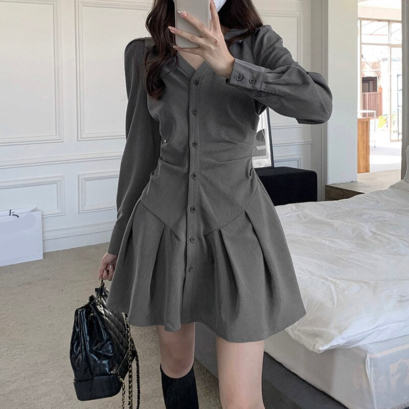 vmtvr - Chic Long Sleeve Single-breasted Women Shirt Dress 2023 Autumn V Neck Pleated Mini Dresses Korean Gray Slim High Waist Vestidos