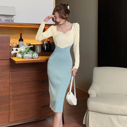 vmtvr New Vintage Winter Knitting Sweater Dresses Women Simple Chic Work Wear Office Lady Slim Elegant Chic Pencil Dresses Korean