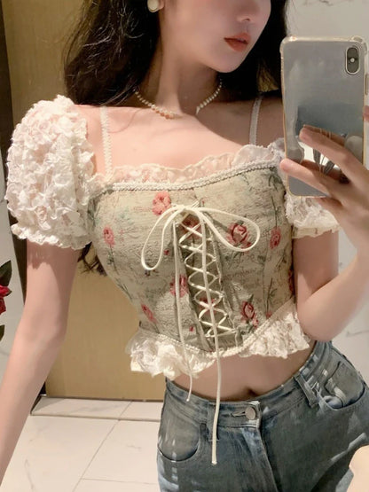 vmtvr Casual Floral Y2k Crop Tops Woman Outwear Slim Short Sleeve Elegant Blouse Office Lady Korean Style Fashion Pullover Summer