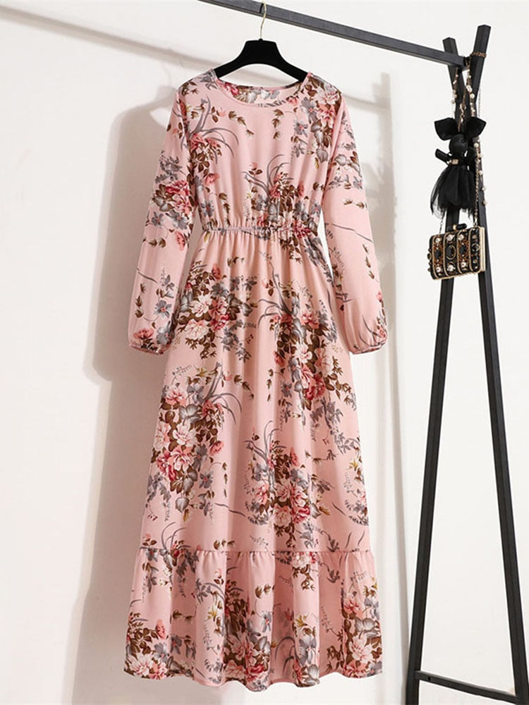 vmtvr - Elegant Floral Print Women Dress Spring Summer Casual O Neck Long Sleeve Chiffon A Line Long Maxi Dress Party Vestidos