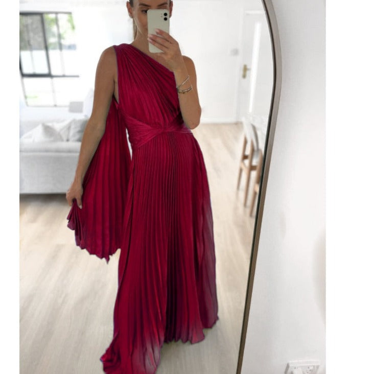 Party Dress Summer New Diagonal Shoulder Pleated Casual Dress for Women Fashion Loose Holiday Evening Long Women Dress Elegant