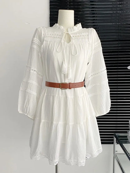 vmtvr Elegant Hollow-out White Dresses Women Autumn New Lantern Sleeve With Belt Mini Dress French Style Short Vestidos Female Clothes