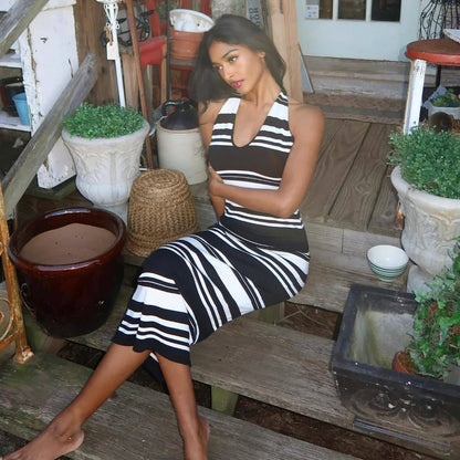 vmtvr  -  Black Striped Knitted Dress Summer Sexy Halter Backless Slim Beach Dresses Women Elegant Sleeveless Holiday Vacation Dress