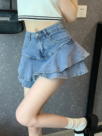 vmtvr Sexy Ruffles Women Denim Ball Gown Skirt High Waist Preppy Style Korean A Line Mini Skirts Summer Fashion Design Skirt New