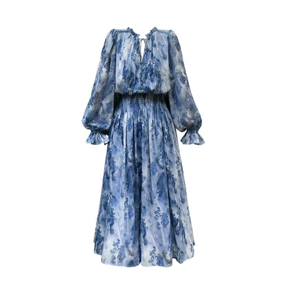 French Vintage Long Sleeve Fairy Dress Women Slim Fashion Floral Midi Dress Beach Casual Korean Style Dresses Female 2024 Summer