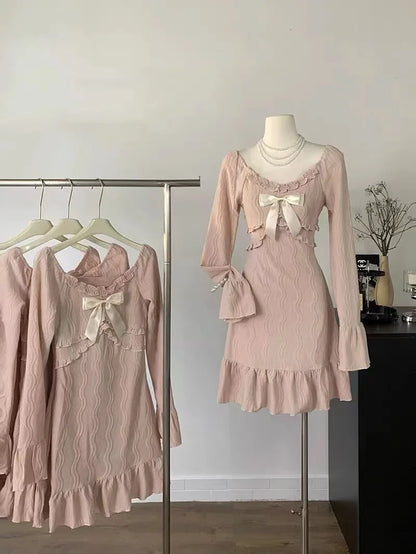 vmtvr 2024 Summer Pink Sweet Slim Y2k Mini Dress Woman French Elegant Flare Sleeve Dress Party Casual One Piece Dress Korean Fashion