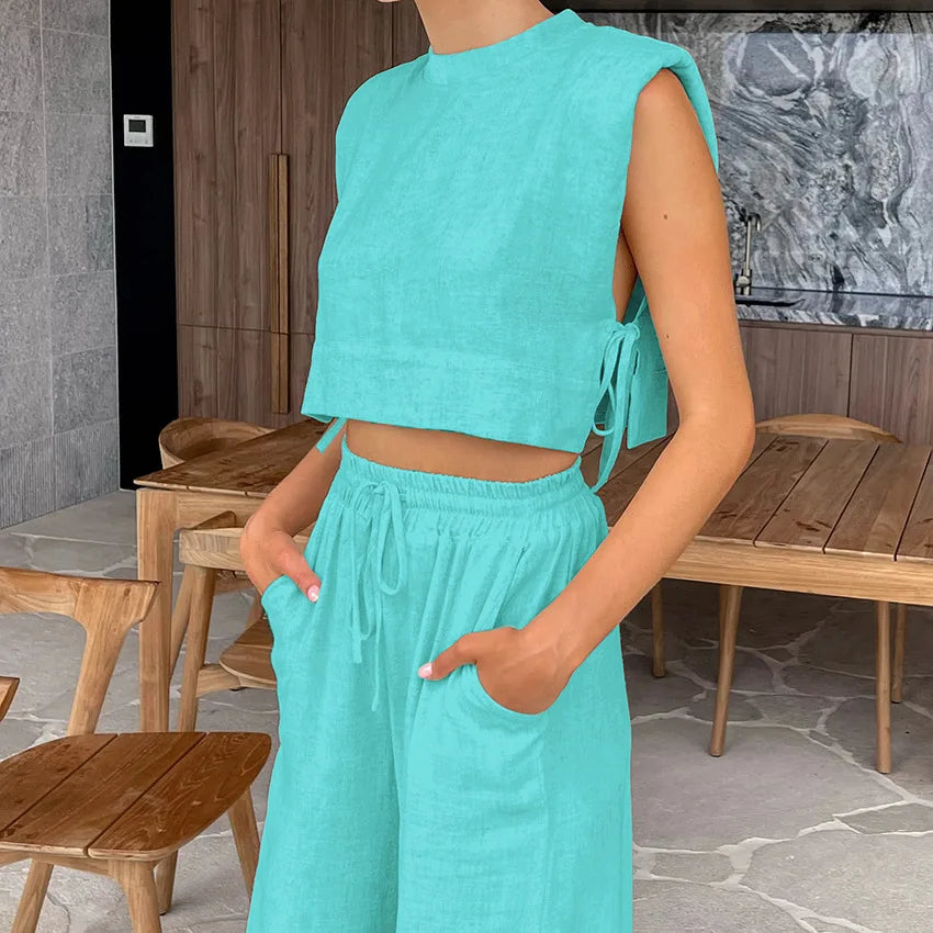 vmtvr Women's Cotton Linen Pants Set Summer Women's Loose Shoulder Pads Side Slit Sleeveless Top Casual Pleated Wide Leg Pants Suit
