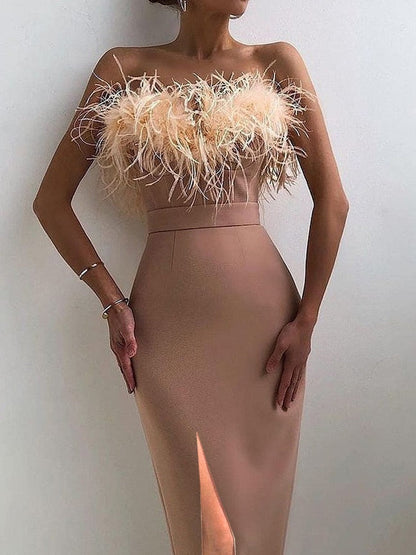 vmtvr Luxury Feathers Dress Women Sleeveless Spaghetti Strap High Waist Bodycon Slit Mid-calf Wedding Birthday Party Evening Dresses