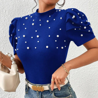 vmtvr 2024 Spring Stand Collar Beading Blouses Women Elegant Solid Slim Bodycon Top Pullover New Summer Puff Short Sleeve Office Shirt