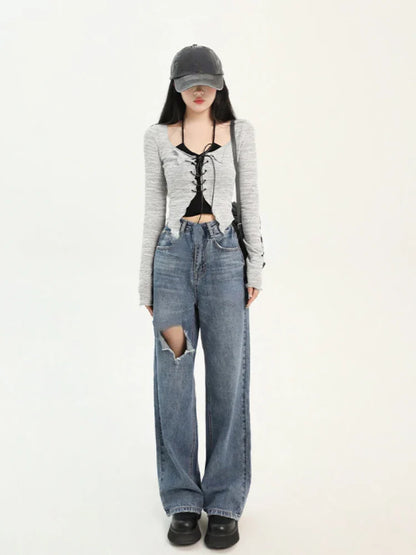 vmtvr Summer Korean Fashion Suit 2 Piece Set Casual Strap Black Camis + Long Sleeve Knitted Crop Tops Thin Pure Color Blouse Chic