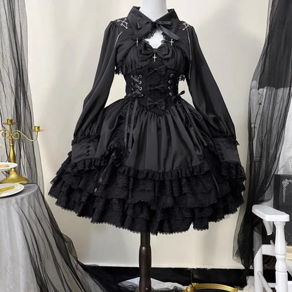 vmtvr  -  Japanese Lolita Dark Gothic Style JSK Lace Stitching Bow Lace-up V-neck Sleeveless High Waist Hot Sweet Black Cake Dress Women