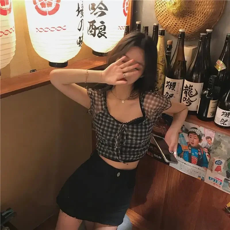 vmtvr 2024 Summer Plaid Tshirts Women Retro Sexy Shirt Casual Lace Tees Puff Sleeve 2000s Vintage Y2k Crop Tops Female Korean Fashion