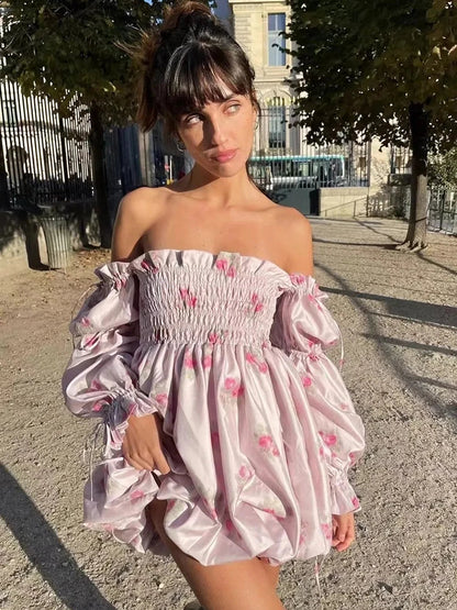 vmtvr   -  Floral Printed Pink Satin Short Summer Dress Women Spring Off Shoulder Boho Party Beach Vestidos Long Sleeve Sundress