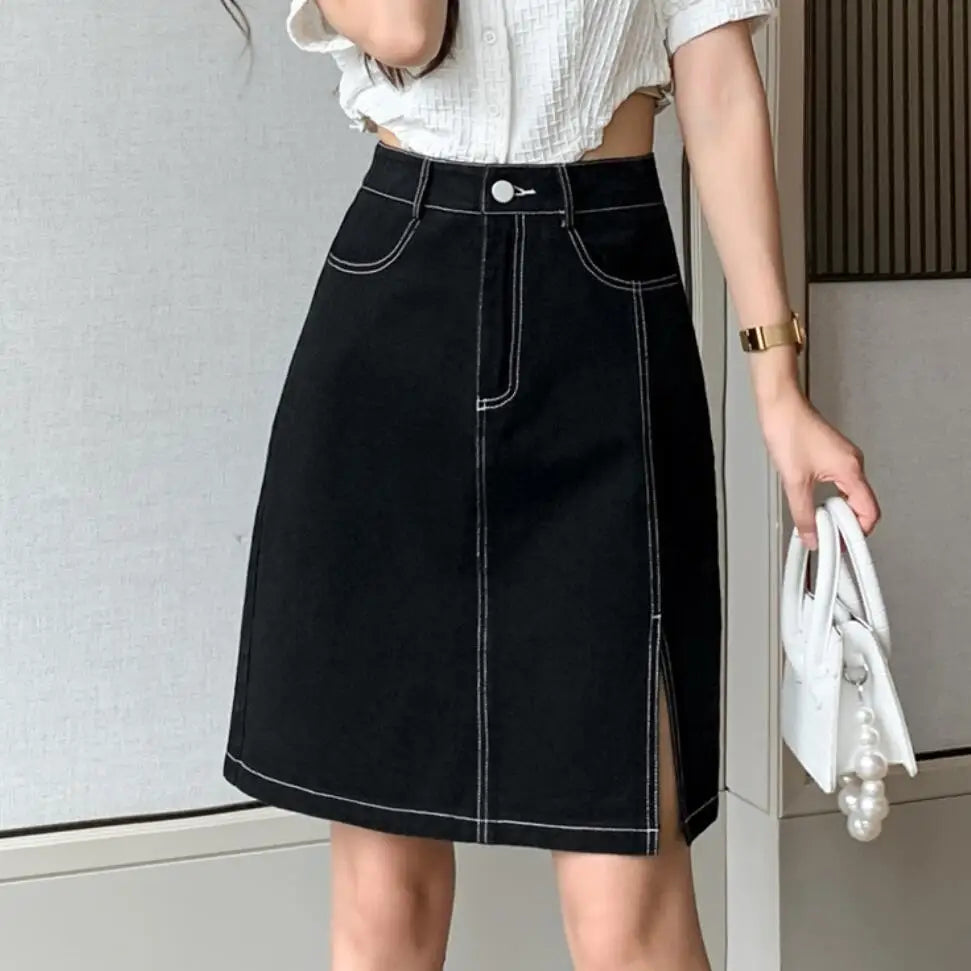 vmtvr Vintage Women Side Split Denim Skirts Pocket Ladies 2024 Summer A-Line Loose Casual High Waist Knee-Length Jeans Skirt