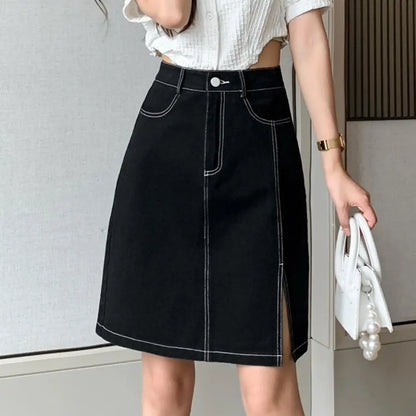 vmtvr Vintage Women Side Split Denim Skirts Pocket Ladies 2024 Summer A-Line Loose Casual High Waist Knee-Length Jeans Skirt