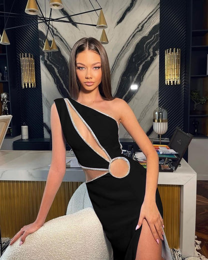 vmtvr - Diamonds Luxury Elegant One Shoulder Blue Dress Sexy Hollow Out Nightclub Bodycon Bandage Women Mini Dresses Summer