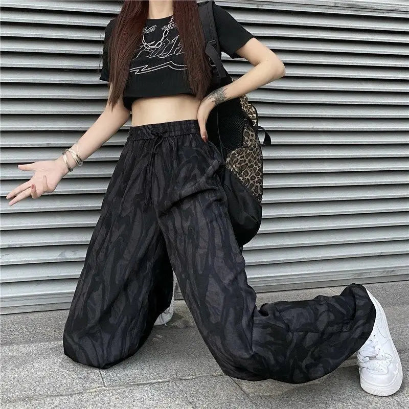 vmtvr Summer Thin Women Tie Dyed Sports Pants Harajuku Korean Fashion High Waist Hip Hop Vintage Pockets Black Loose Casual Trousers