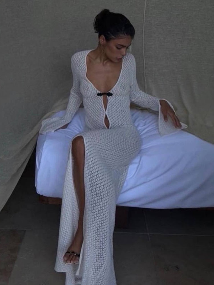 vmtvr Summer Beach Holiday Knitted Maxi Dress Outfits for Women Party Club Long Sleeve See Through Dresses Hollow Out