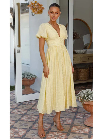 vmtvr  -  V-neck Yellow Puff Sleeve Split Solid Summer Women Dress A-line Maxi Long Sundress Vestido Button Beach Dress Party