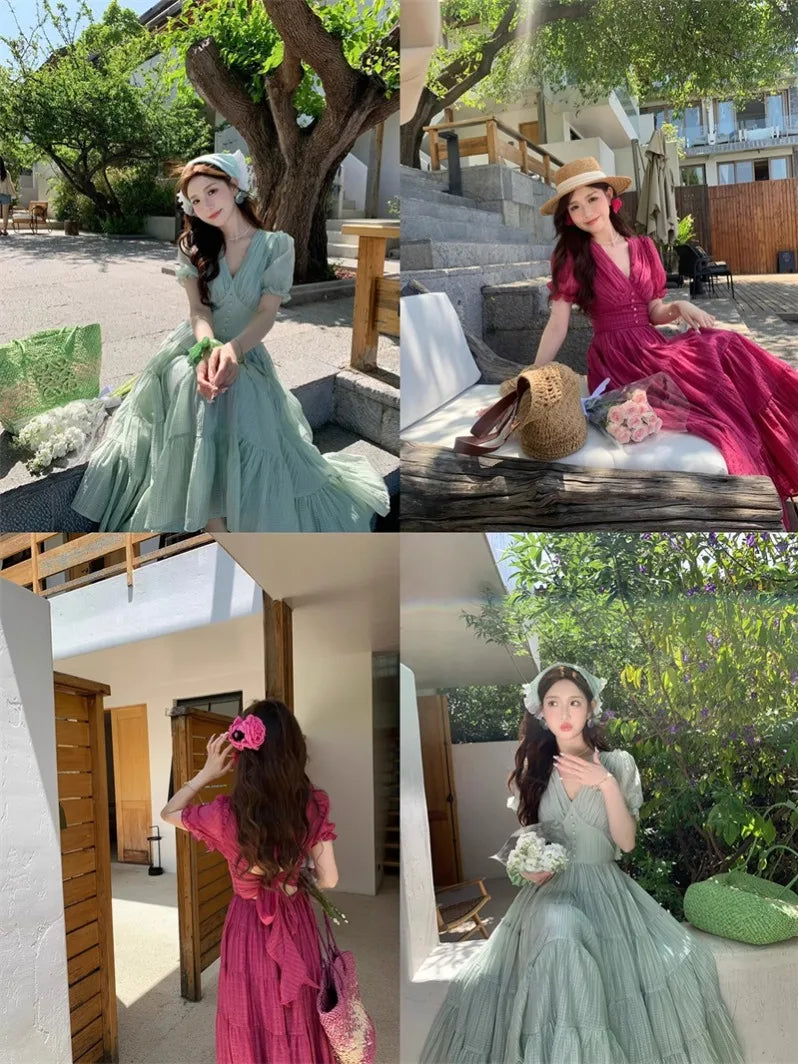 vmtvr French Fahion Puff Sleeve V Neck Beach Style Long Dress Women Summer Solid Elegant Backless Big Swing Seaside Sundress