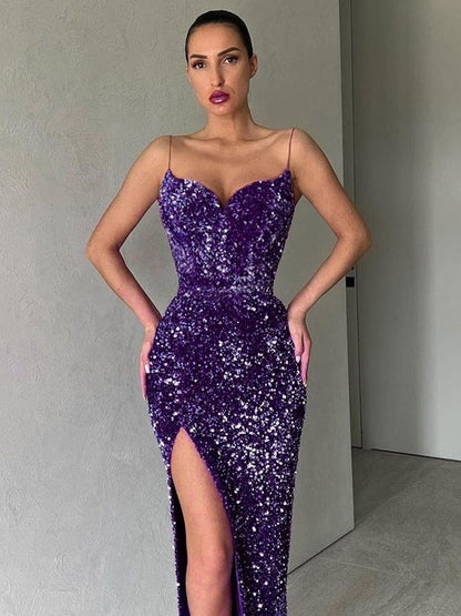 Women Evening Slip Dress 2023 Elegant Luxury Woman V-neck High Waist Tunic Midi Wedding Birthday Party Sequin Dresses Purple Red