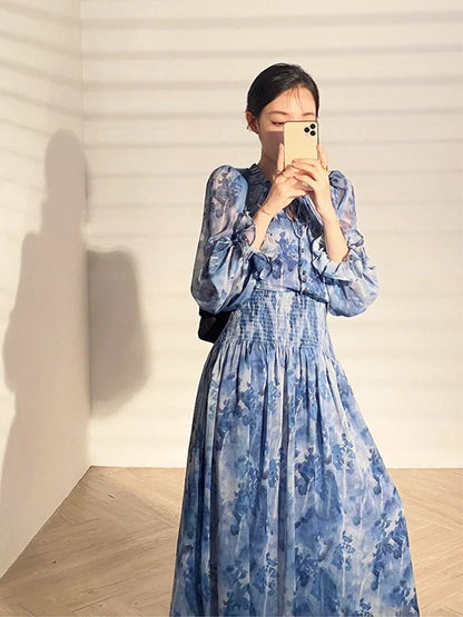 vmtvr French Vintage Long Sleeve Fairy Dress Women Slim Fashion Floral Midi Dress Beach Casual Korean Style Dresses Female Summer