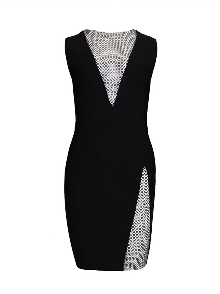 Summer New Women's Sexy V-neck Sleeveless Mesh Diamond Bodycon Bandage Dress Fashion Designer Evening Party Dress Vestido