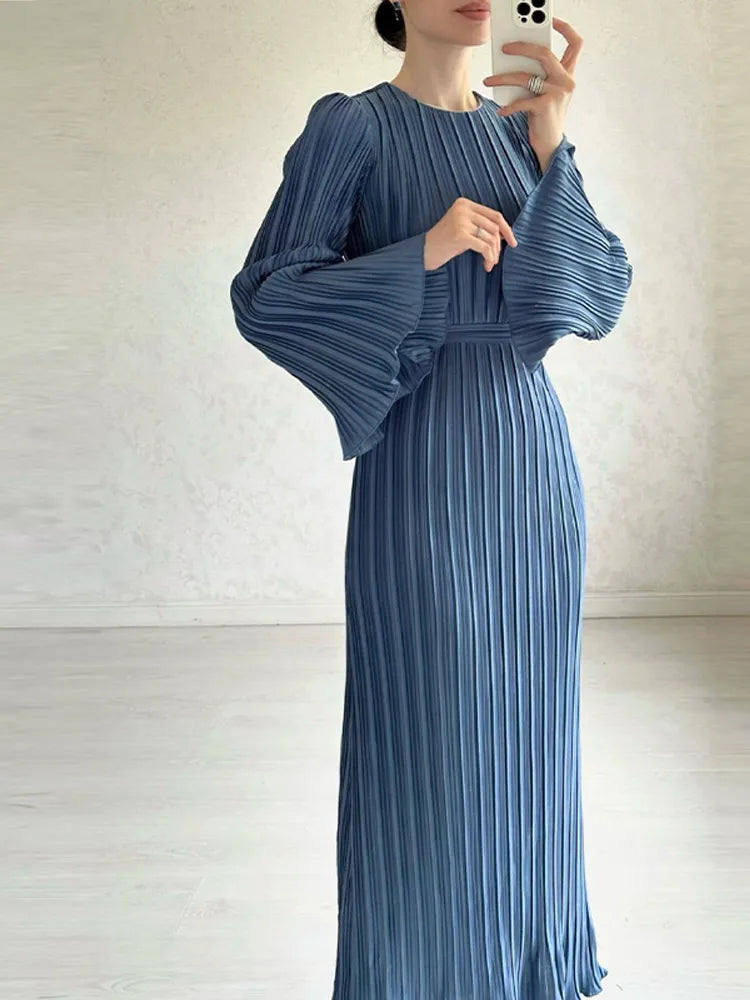 vmtvr  -  Elegant Pleated Maxi Dresses Women Fashion Belt Solid Flare Sleeve O-neck Dress Female Spring Summer Ruffles Robe Outwear