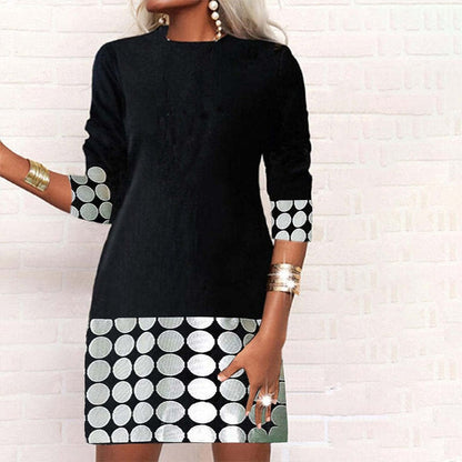 vmtvr Elegant Round Neck Geometric Printing Long Sleeve A-line Skirt Autumn Winter New Fashion Patchwork Slim Mini Dress Women