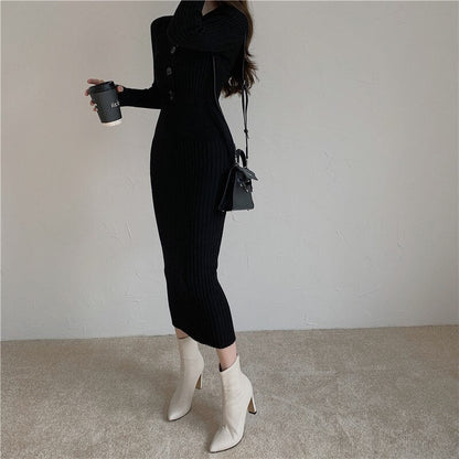 Vintage Knitted Sweater Long Sleeve Dresses Women Slim Bodycon Korean Elegant Fall Winter Button V Neck Sweater Midi Woman Dress